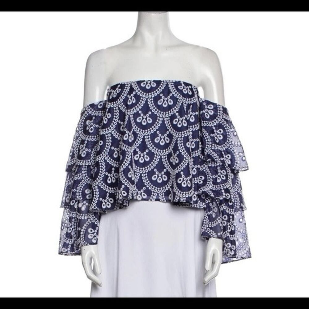Caroline Constas Off Shoulder Corset Top Blue White Embroidered XS